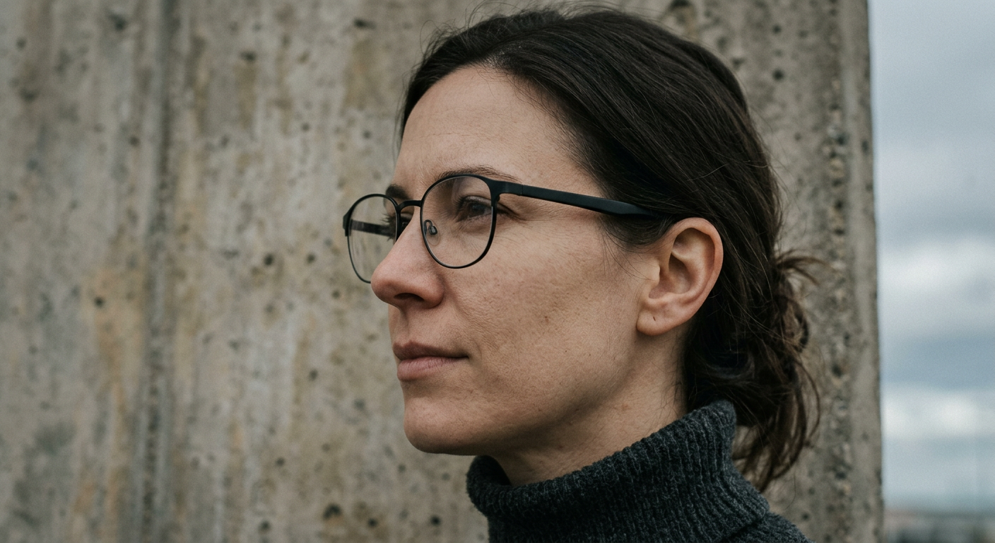 Portrait de profil d’une femme portant les lunettes audio Air glass, monture noire simple, devant un mur de béton