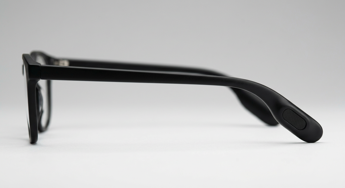 Gros plan sur la branche des Air glass montrant le haut-parleur audio intégré à l’extrémité