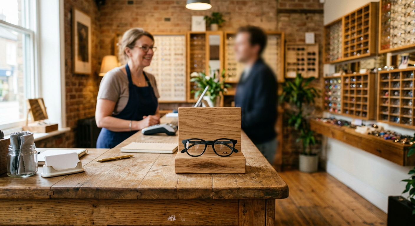 Une paire d’Air glass sur le comptoir d’un opticien partenaire