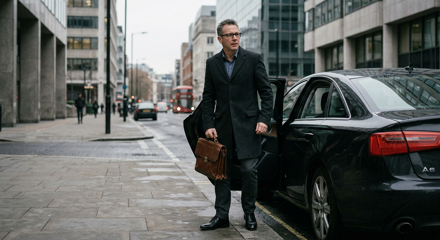 Une consultante en manteau sortant d’une voiture en ville, entre deux rendez-vous, portant les lunettes audio Air glass